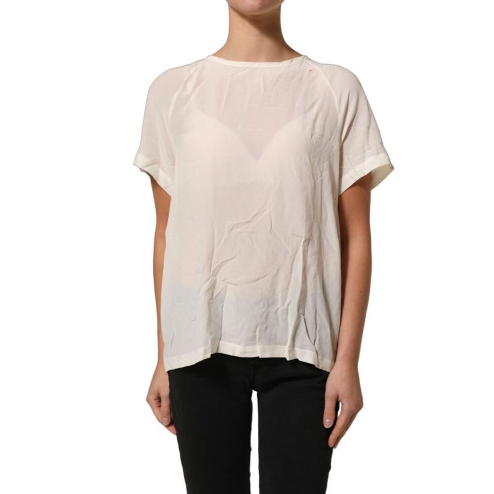 PINKO Off White Silk Sheer Round Neck Short Sleeves Blouse Women's Top